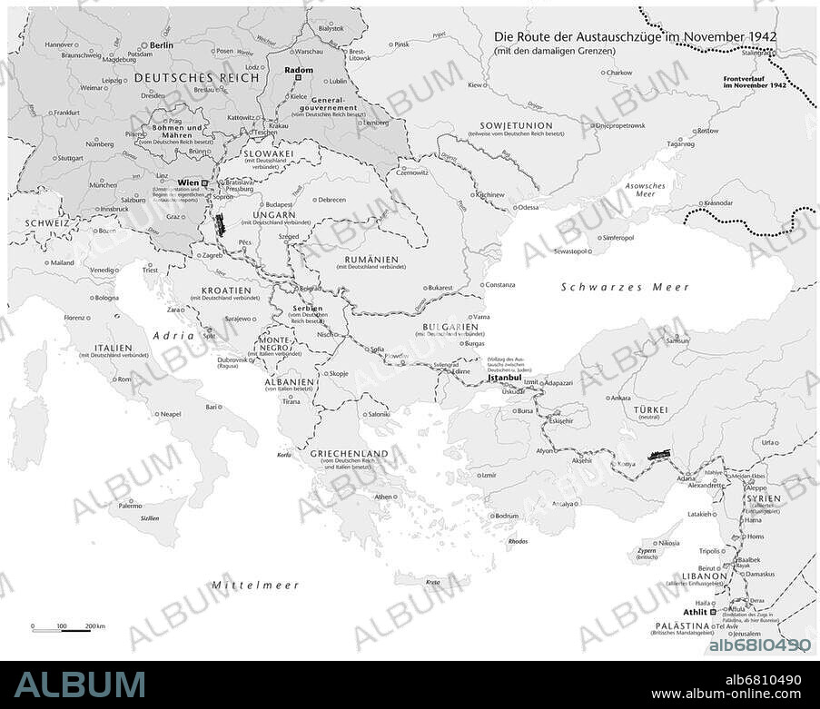 History / World War II / Nazi Germany. Map: Exchange of Jews against Germans living in Palestine, 1942.