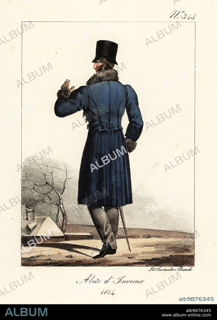 French dandy in winter clothes First Empire 1814. In top hat