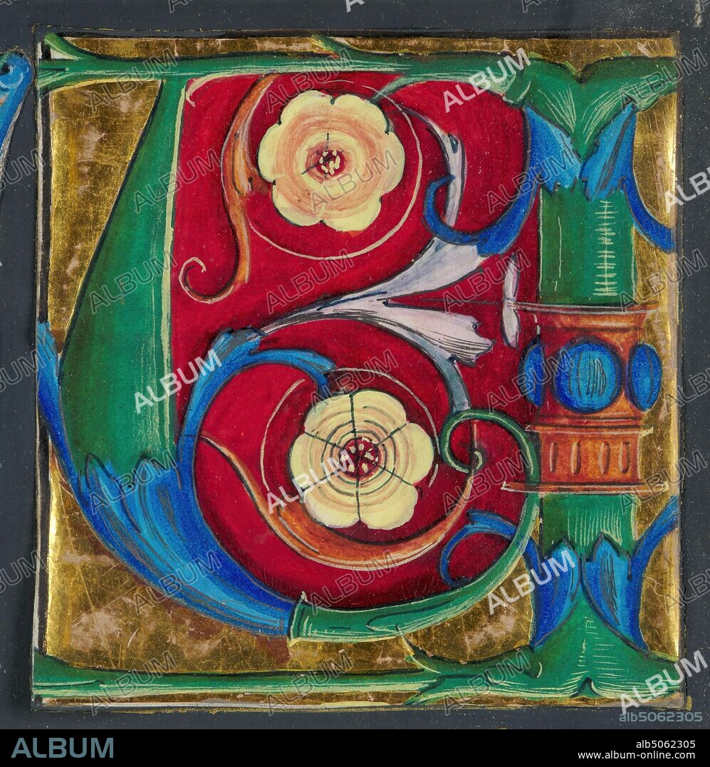 Decorated initial letter 'H', Tobias and the Angel, 1530 Unknown Artist, North Italian School, Tempera, Manuscript, Flower, Frame, Illuminated, Illustration, 16th Century, Leaf, Letter, Works on Paper.