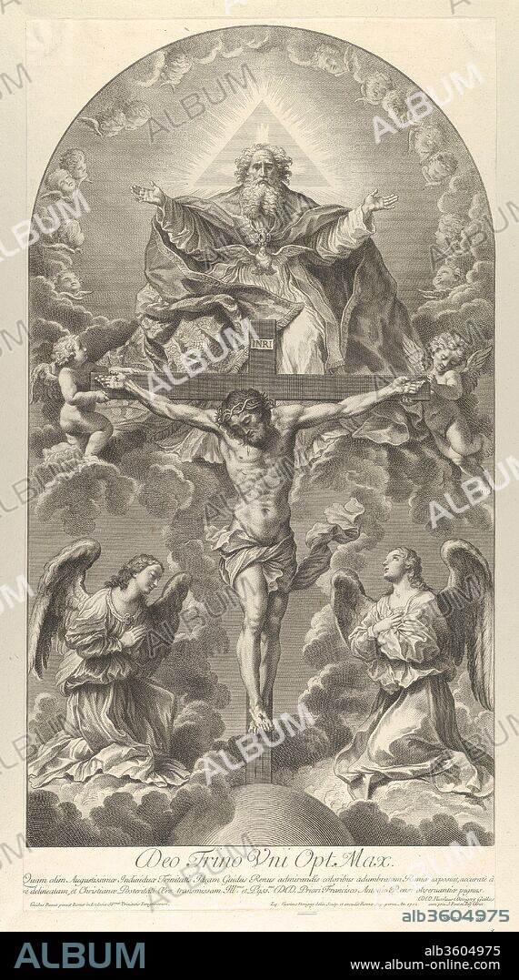 The Holy Trinity; Christ on the cross flanked by two angels, the Holy Spirit as a dove and God in heaven above the cross, a rectangular composition with half-circle at the top, after Reni. Artist: After Guido Reni (Italian, Bologna 1575-1642 Bologna). Artist and publisher: Sir Nicolas Dorigny (French, baptized Paris, 1658-1746 Paris). Dimensions: Sheet (Trimmed): 24 5/8 × 16 9/16 in. (62.6 × 42 cm). Date: 1702.
After a painting made by Reni in 1625 in the church of Santissima Trinità dei Pelligrini in Rome.  Verso is not visible as print is laid to another sheet of paper.