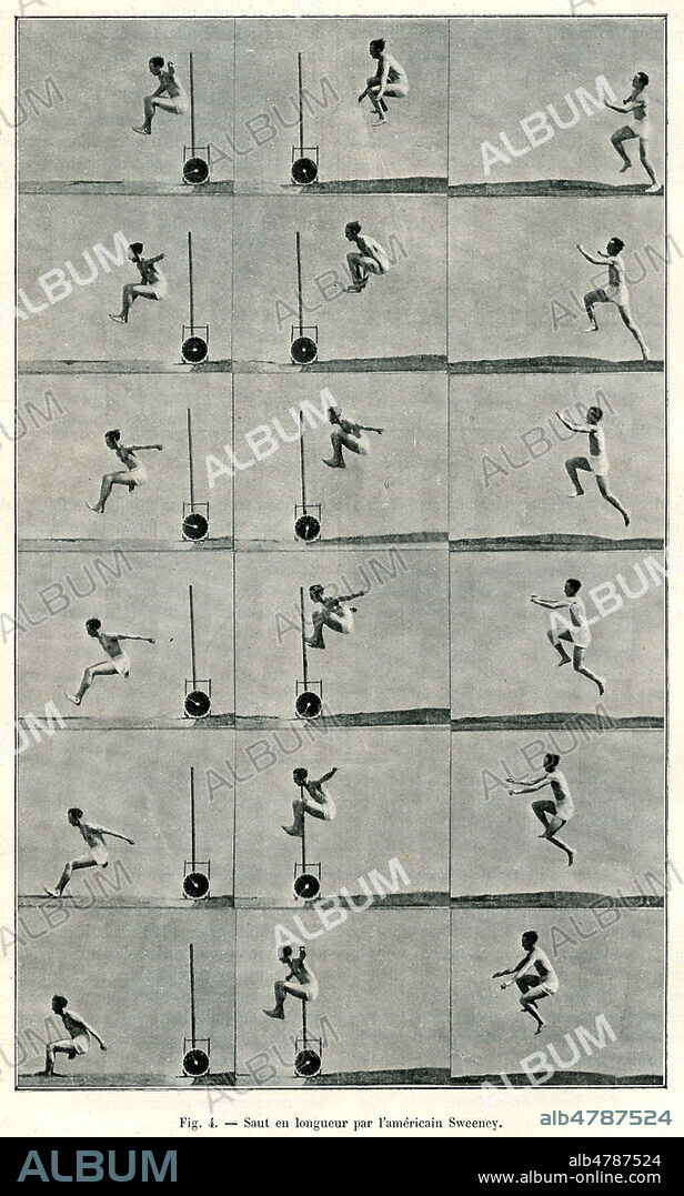 Saut en longueur par l'americain Michael SWEENEY. Photographies anonymes pour l'article 'La chronophotographie et les sports athletiques' par Etienne Jules MAREY (1830-1904) paru dans La Nature du 13 avril 1901. Credit : Collection Kharbine-Tapabor.