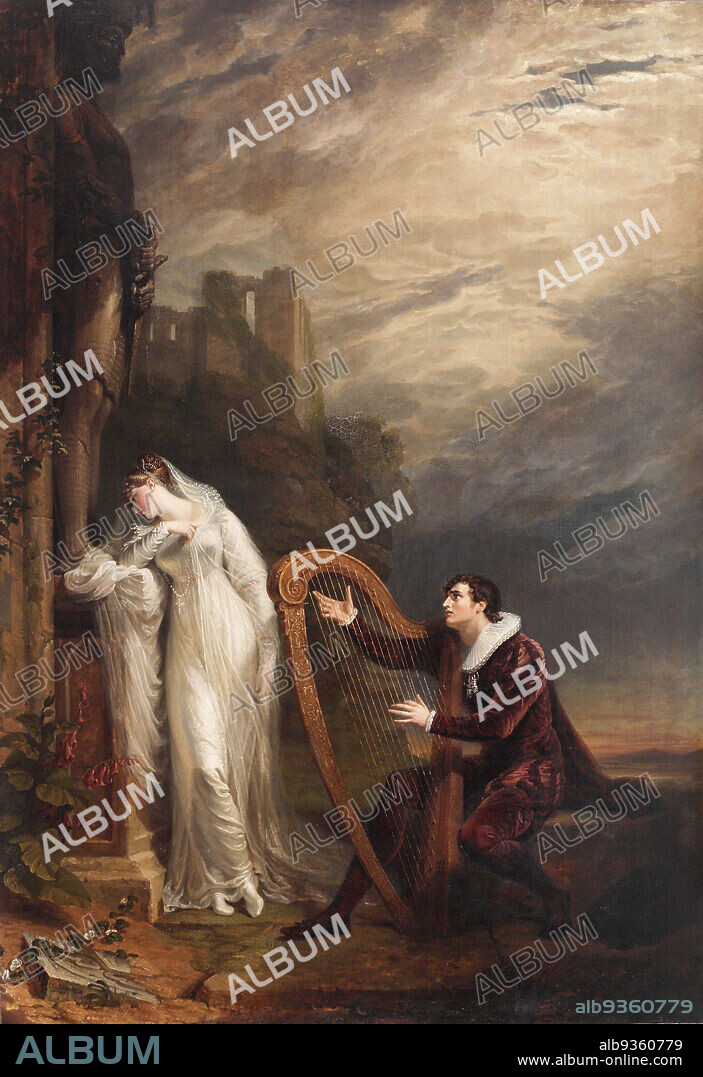 Genevieve. (from a poem by S.T. Coleridge entitled 'Love'), George Dawe, 1812, George Dawe's painting Genevieve is a large-scale masterpiece of what art historians have termed 'Romantic classicism', highly fashionable in the early 19th century. It pulls out all the stops: on the left, a slender young female figure a in virginal white dress inclines her blushing face away from the passionate musician, her elbow resting on the plinth of stone statue of an amoured knight, which is only partially visible. To her right, a handsome seated male, dressed in a ruff and a burgundy coloured velvet suit in Elizabethan style, plucks on his harp, his fervent and melancholy gaze fixed on the young woman. The landscape background of romantic crags, ruins and a tumultuous cloudy sky, perfectly frames this dramatic scene. What is it all about?.