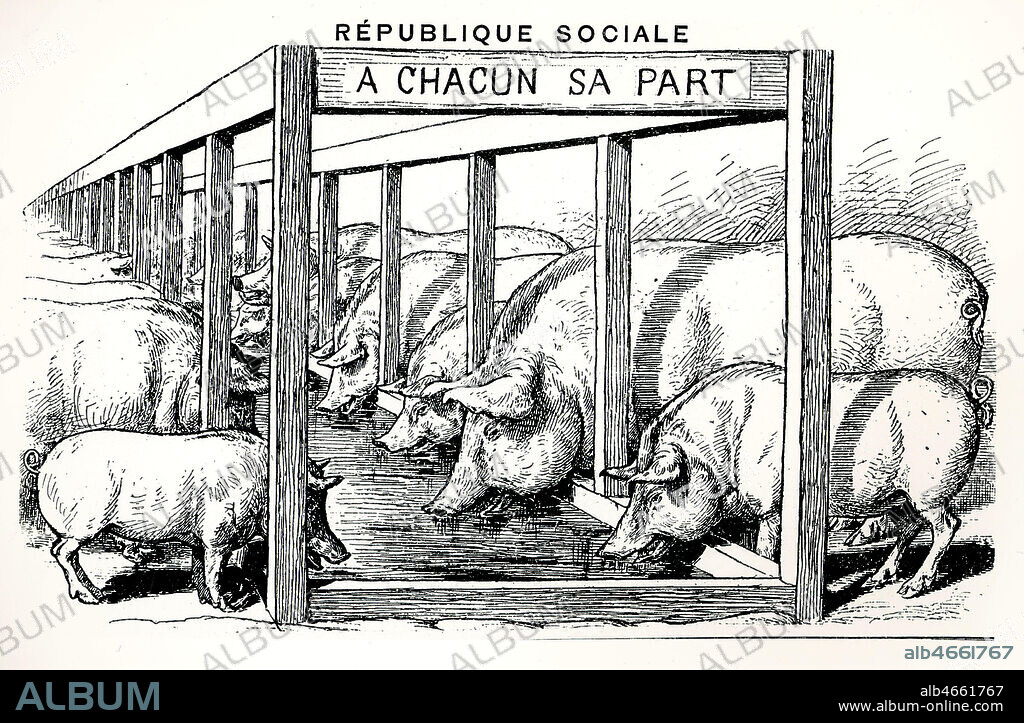 Republique sociale. A chacun sa part. Illustration de Walter CRANE (1845-1915) pour Lecon de chose parue dans le Figaro-Graphic de 1892. Serie de 4 caricatures. Credit : Collection KHARBINE-TAPABOR.