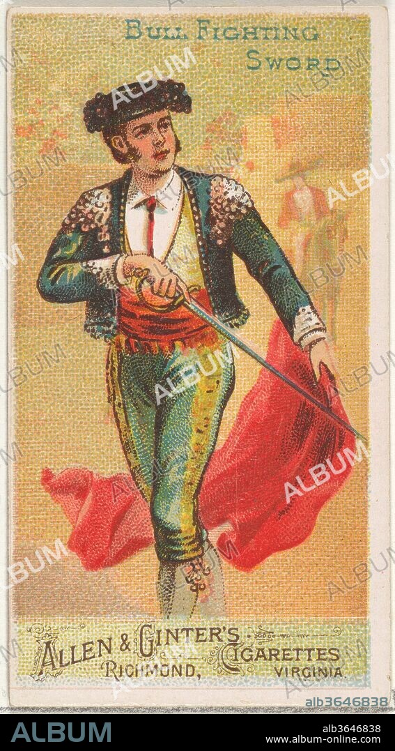 Bull Fighting Sword, from the Arms of All Nations series (N3) for Allen & Ginter Cigarettes Brands. Dimensions: Sheet: 2 3/4 x 1 1/2 in. (7 x 3.8 cm). Publisher: Issued by Allen & Ginter (American, Richmond, Virginia). Date: 1887.
Trade cards from the "Arms of All Nations" series (N3), issued in 1887 in a series of 50 cards to promote Allen & Ginter Brand Cigarettes.