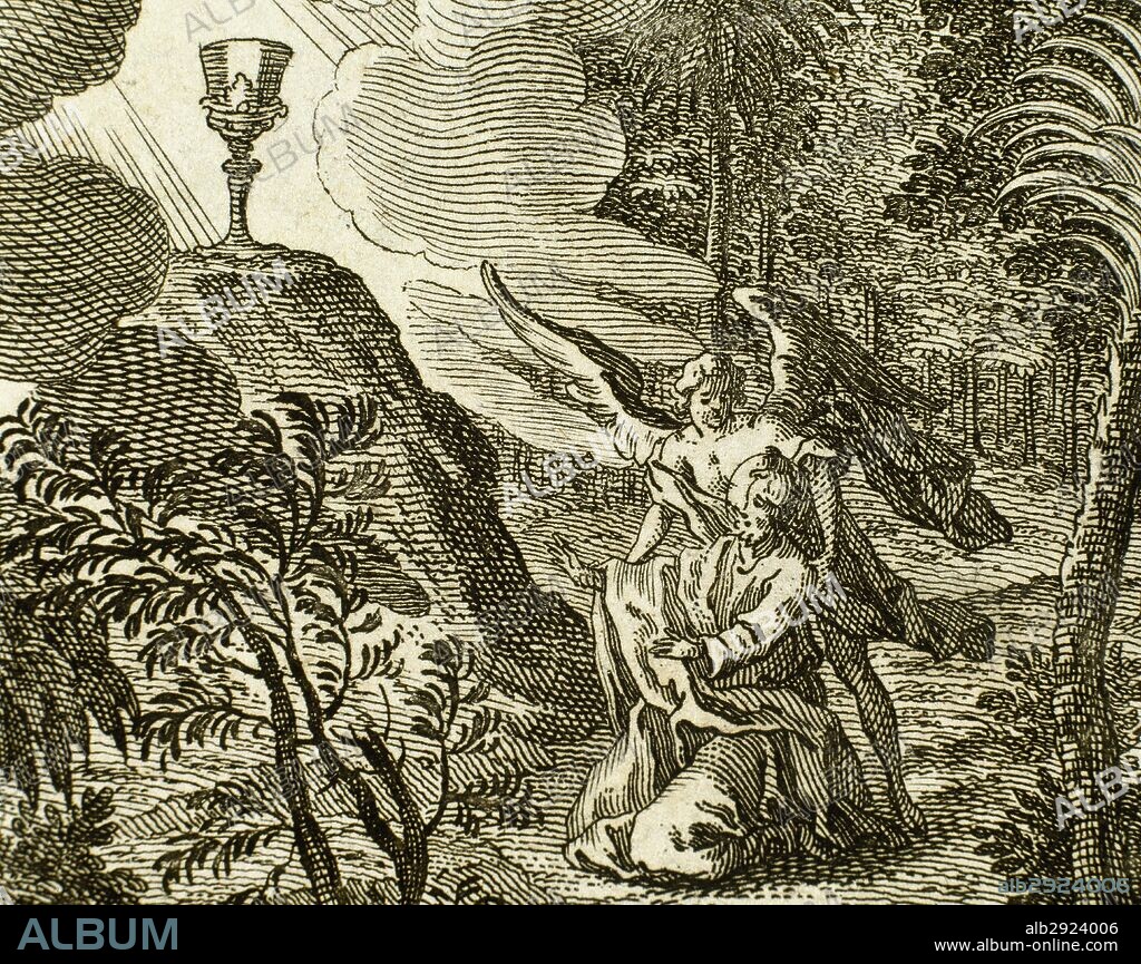 New Testament. Matthew. Chapter 26. Jesus praying in the Garden of Gethsemane. An angel appears to comfort him. Engraving.