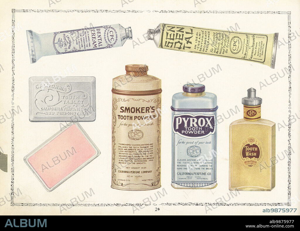 CPC brand cosmetics from 1926. Tubes of Dental Cream and Sen-Den-Tal, pink cake of Tooth Tablet, cans of Smoker's Tooth Powder and Pyrox tooth powder. and bottle of Tooth Wash. Chromolithograph by an unknown artist from the California Perfume Company (later Avon) product catalog, New York, Kansas, Montreal, 1926.