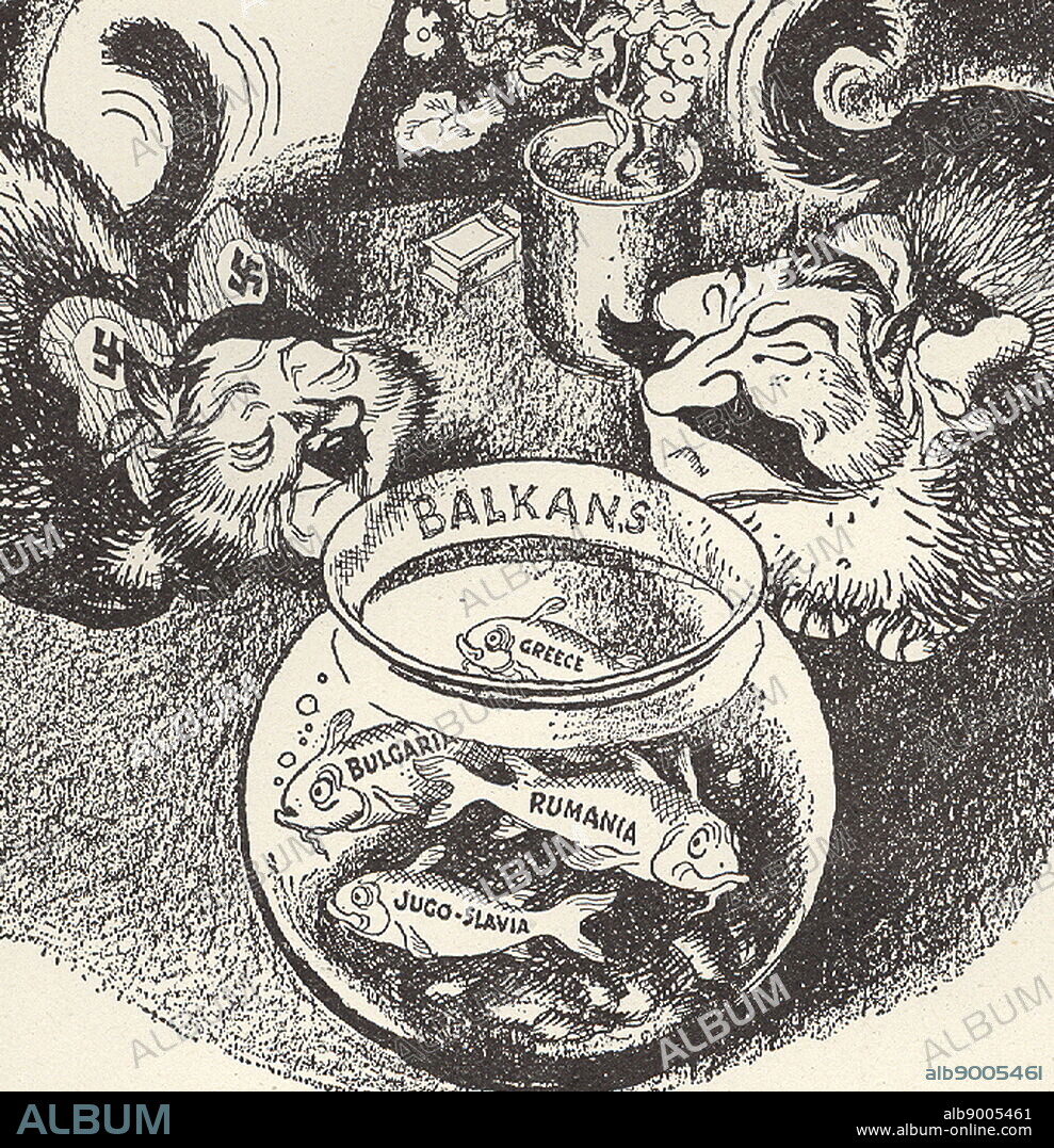 1940 cartoon shows the Balkans being eyed enviously by Adolf Hitler (German Chancellor) left and Soviet leader Josef Stalin, right.