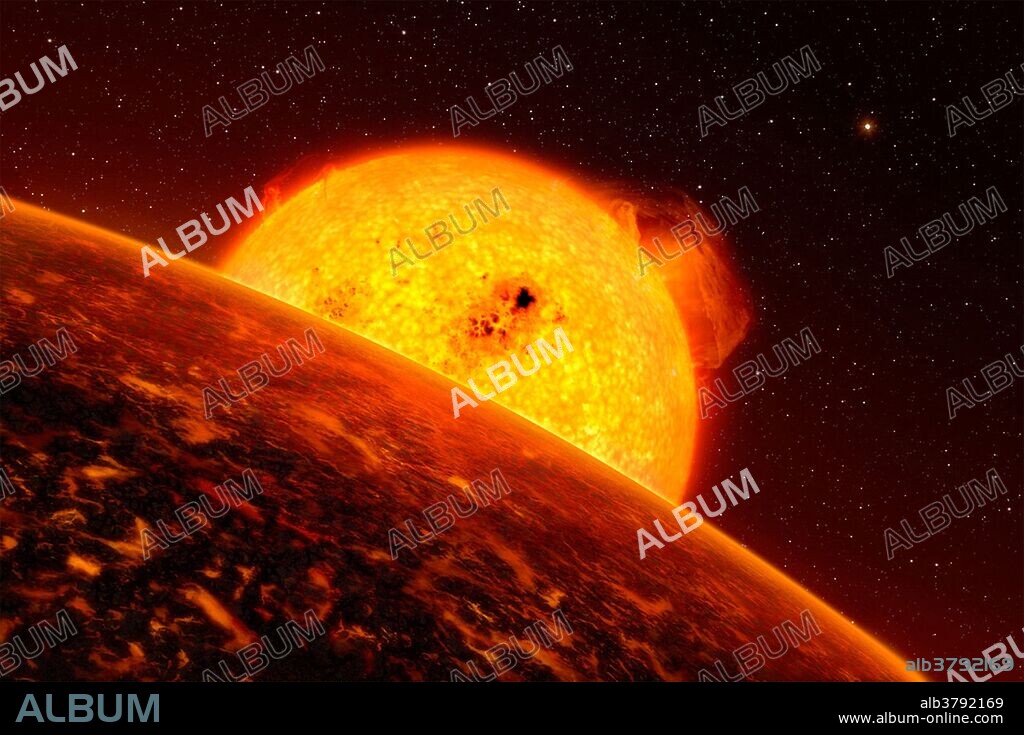 The exoplanet Corot-7b is so close to its Sun-like host star that it must experience extreme conditions. This planet has a mass five times that of Earth's and is in fact the closest known exoplanet to its host star, which also makes it the fastest: it orbits its star at a speed of more than 750,000 kilometers per hour. The probable temperature on its "day-face" is above 2,000 degrees, but minus 200 degrees on its night face. Theoretical models suggest that the planet may have lava or boiling oceans on its surface. Our artist has provided an impression of how it may look like if it were covered by lava. The sister planet, Corot-7c, is seen in the distance.  Release date September 16, 2009.