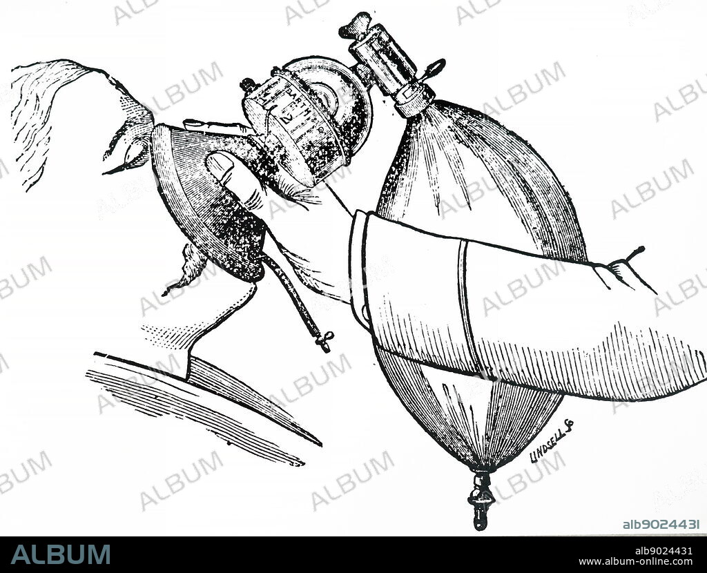 Frederic Hewitt's apparatus for administering gas and ether, showing mouth-piece, Clover's ether chamber and a gas bag. From Dudley Wilmot Buxton Anaesthetics Their Uses and Administration, London, 1900.