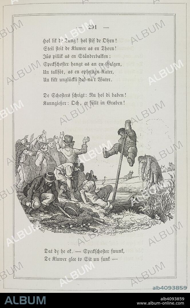 KLAUS REIMER GROTH y OTTO SPECKET. Crossing a river. Mit Holzschnitten nach Zeichnungen von O. Speckter. Hamburg, Leipzig [printed], 1856. A group of men by a river, another trying to vault it using a pole. Wood-engraved design after Otto Speckter.  Image taken from Mit Holzschnitten nach Zeichnungen von O. Speckter. Glossar nebst Einleitung vou Professor K. MÃ¼llenhoff.  Originally published/produced in Hamburg, Leipzig [printed], 1856. . Source: 11526.h.2, 291. Language: German.