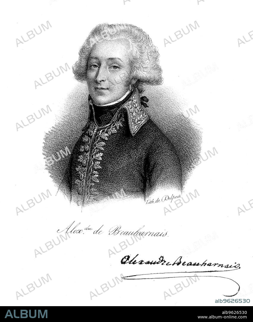 DELPECH. Alexandre, Vicomte de Beauharnais (1760-1794), French soldier. Beauharnais was the first husband of Empress Josephine, wife of Napoleon I. During the French Revolution he was arrested as an aristocratic 'suspect' and was guillotined in 1793.