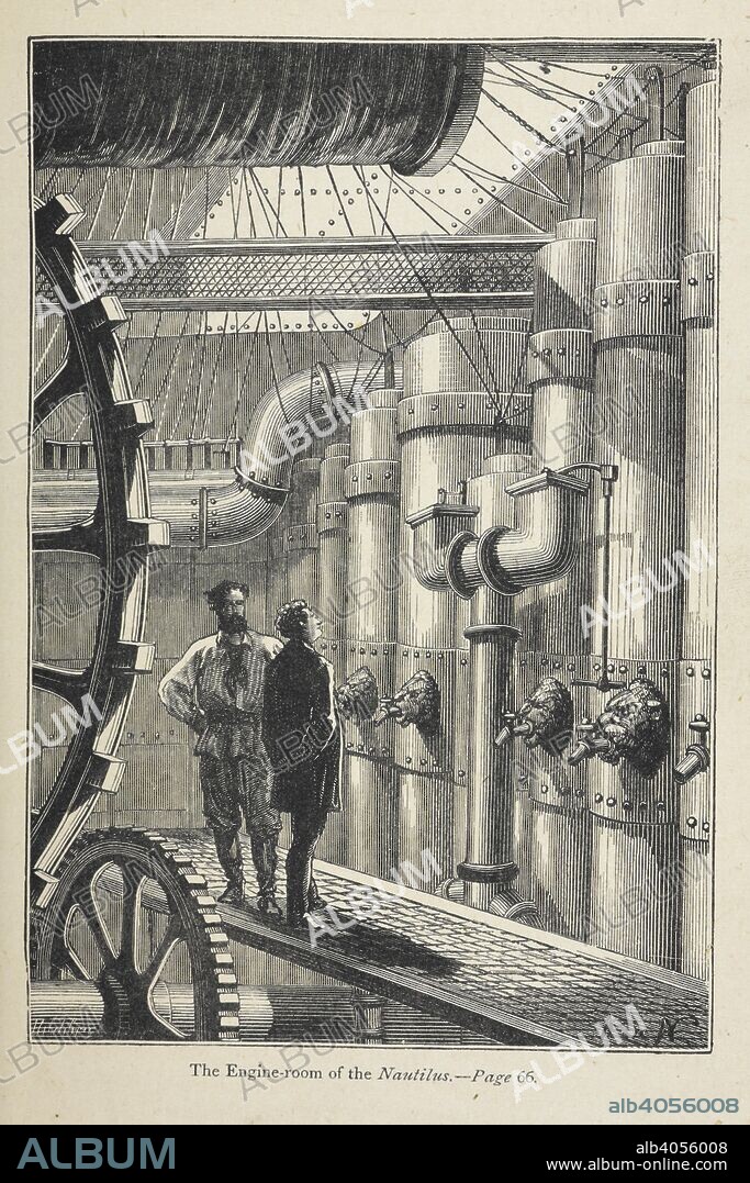 "The engine-room of the Nautilus". Captain Nemo  . Twenty thousand Leagues under the Seas. Translated from the French With illustrations. Third edition. [Vingt Mille Lieues sous les Mers]. London : Sampson Low & Co., 1873. Source: 12516.g.21 opposite page 66. Language: English.