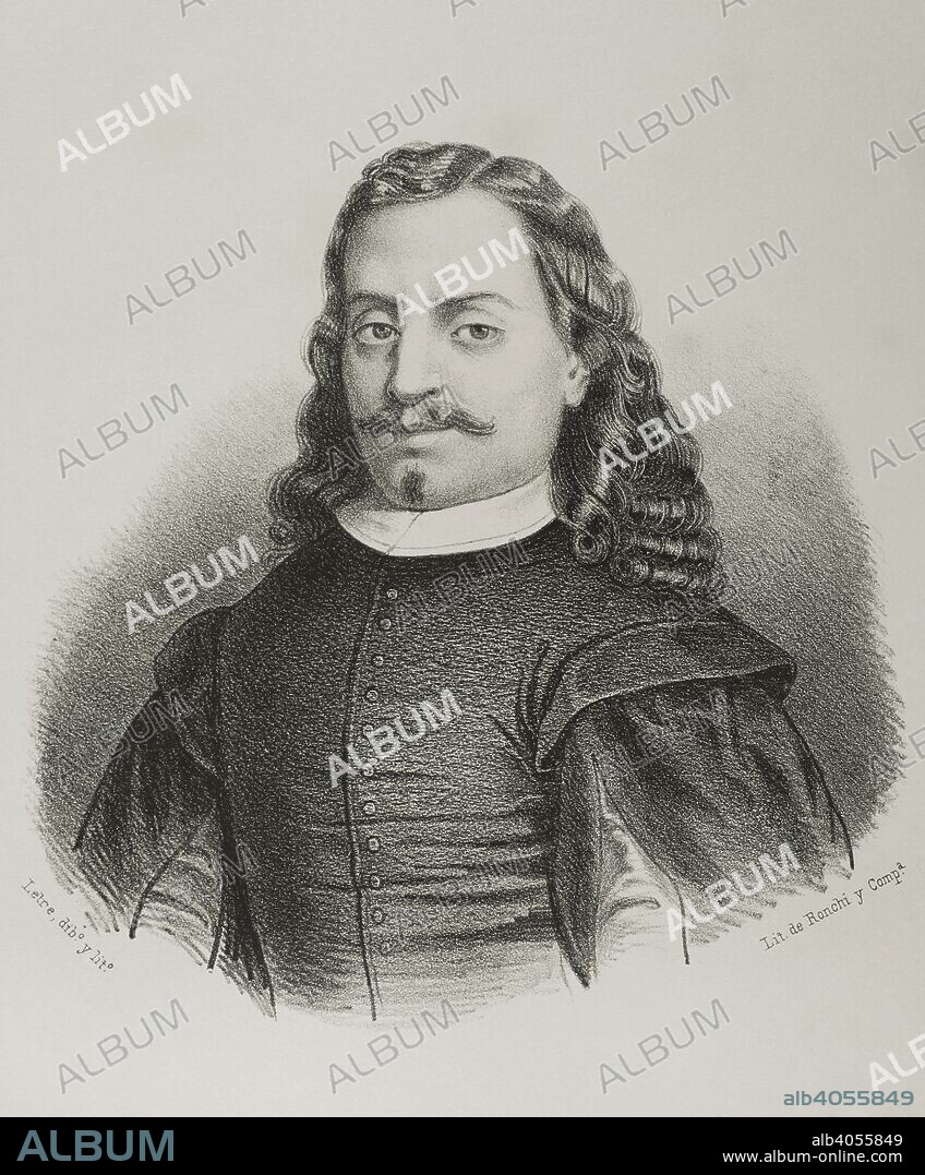 Bartolomé Esteban Murillo (1618-1682). Pintor barroco español. Dibujo por Letre. Litografía. Retrato. Crónica General de España, Historia Ilustrada y Descriptiva de sus Provincias. Andalucía, 1867. Biblioteca Histórico Militar de Barcelona, Cataluña, España.