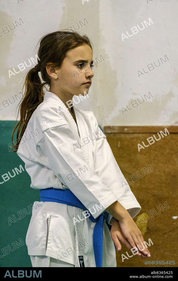 young people practicing traditional karate, Mallorca, Balearic Islands, Spain.