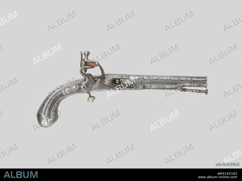 Flintlock Belt Pistol. Gunsmith: John Murdoch (Scottish); Doune. Date: 1775-1785. Dimensions: Overall L. 28 cm (11 in.)
Barrel L. 18 cm (7 1/8 in.)
Caliber .57
Wt. 1 lb. 6 oz. Steel, leather, and wood. Origin: Doune.