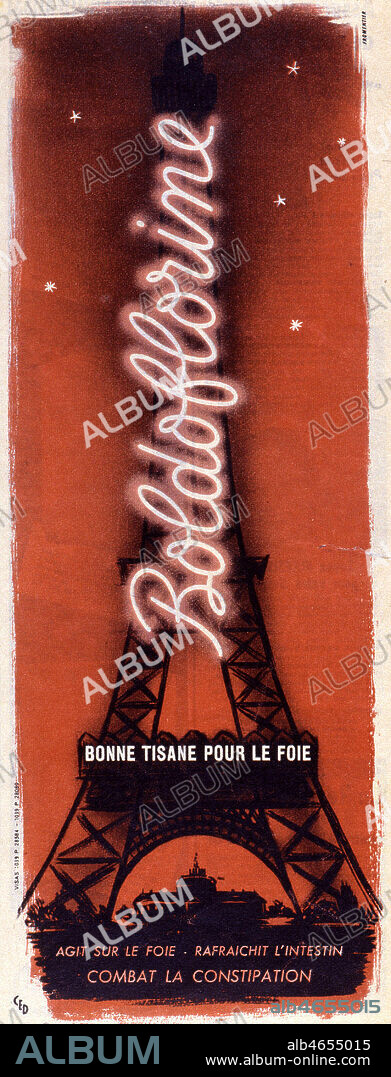 Publicite de 1954 pour la tisane Boldoflorine representant la Tour Eiffel. Credit : Collection KHARBINE-TAPABOR.