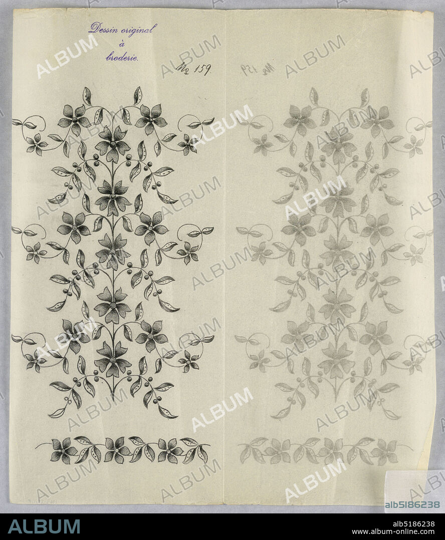 Designs for Embroidery, Black crayon on tracing paper, Vertical rectangle. Designs of abstract floral patterns for panels and borders. Each drawing stamped at top: 'Sessin original a broderie.' Designs numbered 159 (F), France, ca. 1890, Drawing, Drawing.