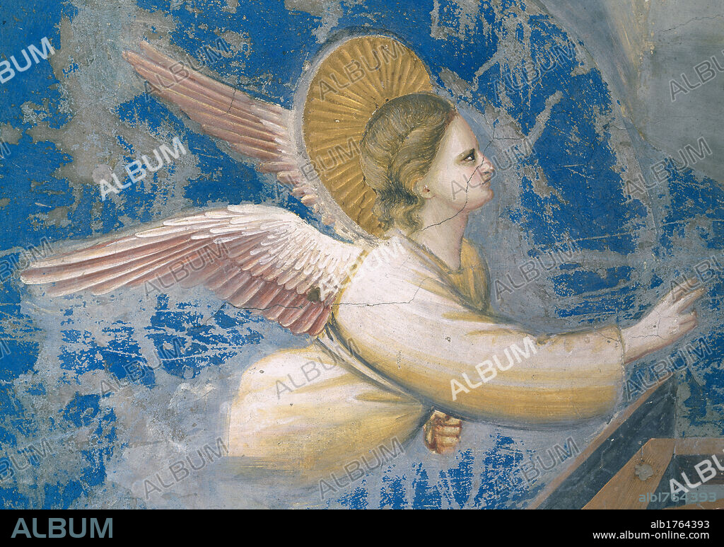 Scenes from the Life of Christ Nativity Birth of Jesus, by Giotto, 1304-1306 about, 14th Century, fresco, cm 200 x 185. Italy, Veneto, Padua, Scrovegni Chapel. Detail. Angel above right pink wings aureole halo.