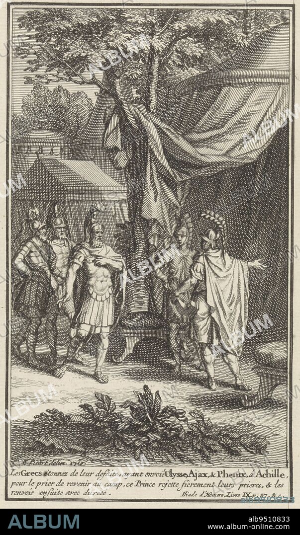 Achilles refuses Agamemnon's gifts, Bernard Picart (workshop of), after Bernard Picart, 1710, Phoenix, Ajax and Odysseus visit Achilles and offer him gifts on behalf of King Agamemnon, to win him back. He refuses them. In the margin a caption in French., print maker: Bernard Picart, (workshop of), intermediary draughtsman: Bernard Picart, (mentioned on object), Amsterdam, 1710, paper, etching, engraving, h 190 mm × w 126 mm.