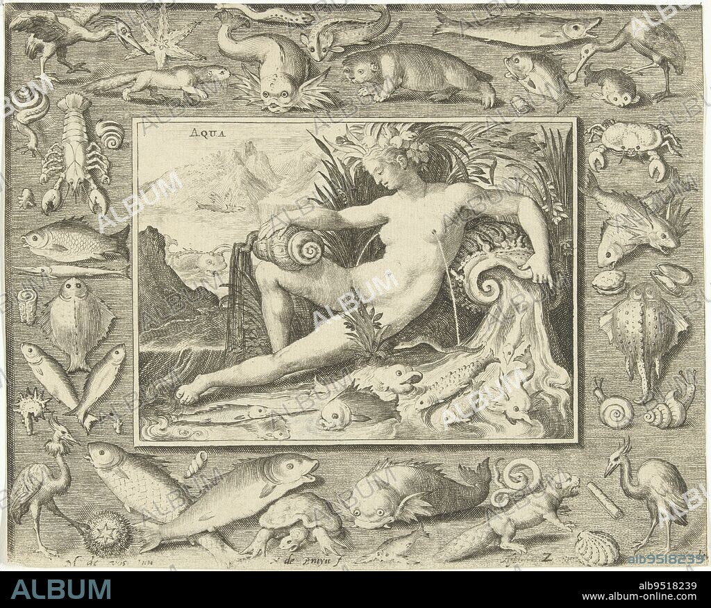 Element water as naked woman sitting by well with fish, water flows from her breasts. Framed with fish and other animals living in or near water such as otter, seal, spoonbill, turtle and crustaceans, Element of water as woman near well with fish Aqua The four elements (series title), print maker: Nicolaes de Bruyn, (mentioned on object), Maerten de Vos, (mentioned on object), Netherlands, 1581 - 1656, paper, engraving, h 171 mm × w 212 mm.