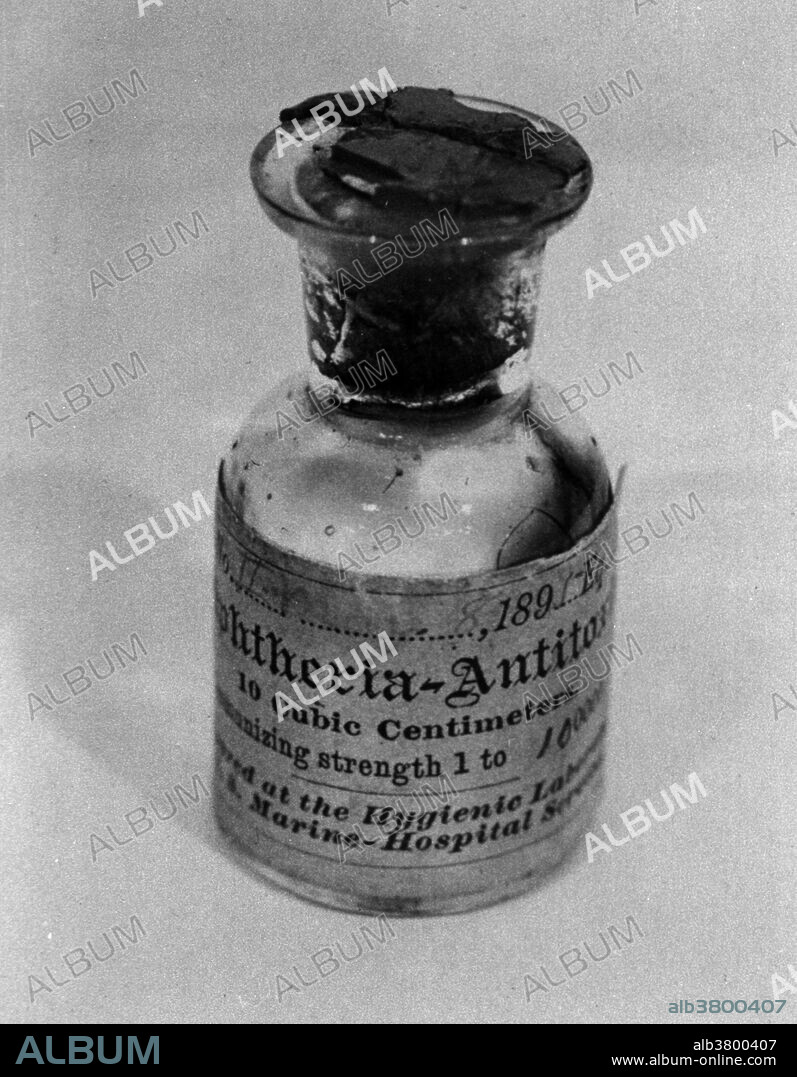 Bottle of diphtheria antitoxin, produced by the Hygienic Laboratory and dated May 8, 1895. Diphtheria is an upper respiratory tract illness caused by Corynebacterium diphtheriae, a facultative anaerobic, gram-positive bacterium. It is characterized by sore throat, low fever, and an adherent membrane (a pseudomembrane) on the tonsils, pharynx, and/or nasal cavity. Diphtheria is a contagious disease spread by direct physical contact or breathing the aerosolized secretions of infected individuals. Historically quite common, diphtheria has largely been eradicated in industrialized nations through widespread vaccination. Diphtheria toxin is produced by Corynebacterium diphtheriae only when infected with a bacteriophage that integrates the toxin-encoding genetic elements into the bacteria.