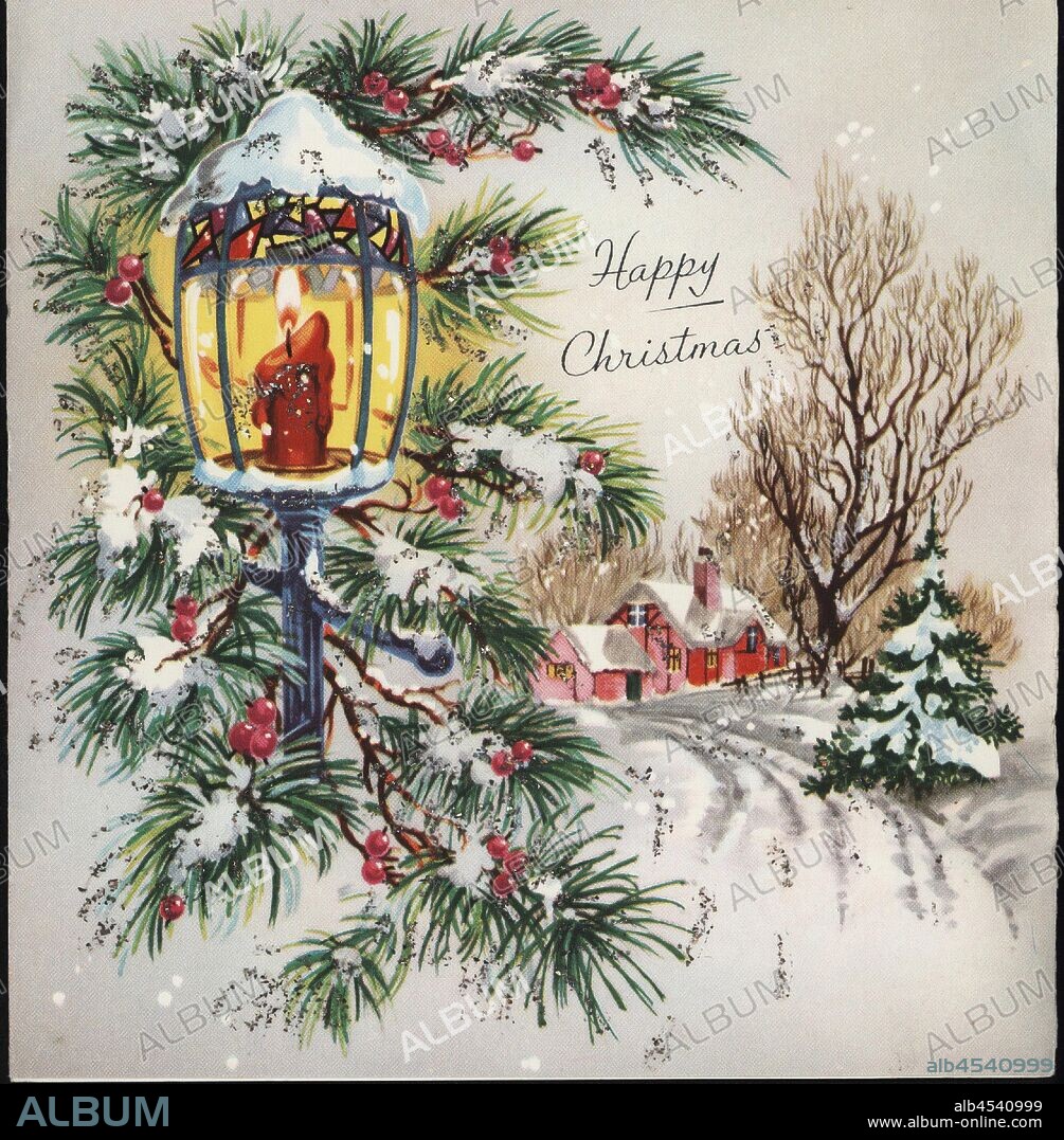 Christmas Card - Grace, Mae, Wall & Boys, to Peg, Bill, Terrence & Lester, Happy Christmas, 1964, Christmas Card made in England in 1964. It features a snow scene with a lantern. It one of a series of cards collected by Mrs. Peg Harris who lived at Tollerton, Templeton Street, Avoca. The card is from Grace, Mae, Wall & Boys, to Peg, Bill, Terrence & Lester. Margaret 'Peg' Preston Harris (nee Brereton) grew up at 'Tollerton' with her mother Sara Brereton (nee Preston) and father William.