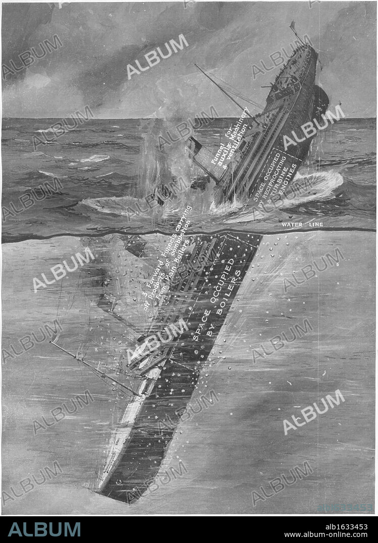 Illustration - Titanic Sinking. RMS Titanic Sinking. Illustration showing the Titanic sinking. Titanic was built by Harland & Wolff in Belfast Ireland during 1910 - 1911 and later sank on April 15th, 1912 after striking an iceberg off the coast of New Foundland during her maiden voyage from Southampton, England to New York, USA, with the loss of 1,522 passengers and crew. (Photo by Titanic Images/Universal Images Group).