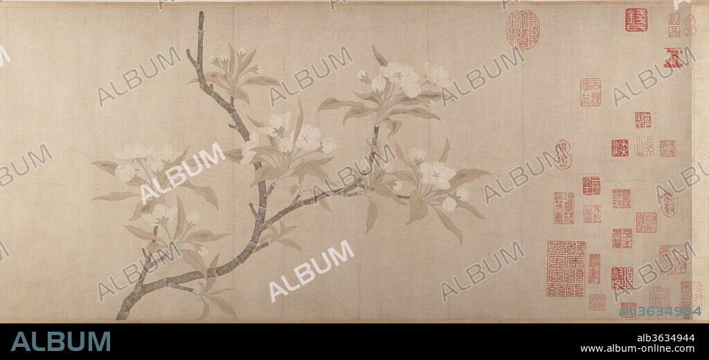 Pear Blossoms. Artist: Unidentified; After Qian Xuan (Chinese, ca. 1235-before 1307). Culture: China. Dimensions: Image: 12 5/16 x 37 7/8 in. (31.3 x 96.2 cm)
Overall with mounting: 12 5/8 x 34 ft. 9 1/8 in. (32.1 x 1059.5 cm). Date: ca. 1280.
Qian Xuan was one of the first scholar-painters to unite poetry, painting, and calligraphy within a single work. In Pear Blossoms a perfect interplay of poetic and pictorial imagery has been achieved. The artist's poem may be translated as follows: 
All alone by the veranda railing,
teardrops drenching the branches,
Although her face is unadorned,
her old charms remain;
Behind the locked gate, on a rainy night,
how she is filled with sadness.
How differently she looked bathed in golden waves
of moonlight, before the darkness fell.
Unlike Emperor Huizong's (r. 1101-25) Finches and Bamboo, which demonstrates a commitment to an accurate rendering of nature, Qian Xuan's flowering branch and the fading beauty it represents are expressions of the artist's personal feelings. Rather than rendering an objective description of the physical beauty of pear blossoms, Qian drew in a fine calligraphic line and used flat schematic patterns in elegant pale colors to create a mood of cool detachment, reflective of his state of mind. The tender lyricism of the poem is also fully present in his calligraphy, in which the brushstrokes echo the languidly twisting movement of the pear leaves.