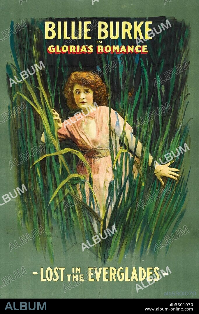 "Lost in the Everglades."  Young Girl peeking through weeds in the Florida Everglades.  Gloria's Romance was a 1916 silent film serial starring Billie Burke. Serial films, also called chapter plays, were shorter films that were typically run before the main feature film, each of which was part of a longer story, and ended in a cliffhanger, thus encouraging the audience to return every week..