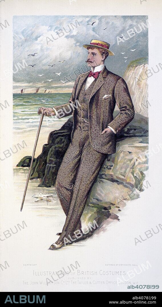 Man wearing a suit, on a beach. Illustrations of British costumes. London Art Fashion Journal. London, 1900. Source: London art fashion journal, July 1900. Opposite page 49.