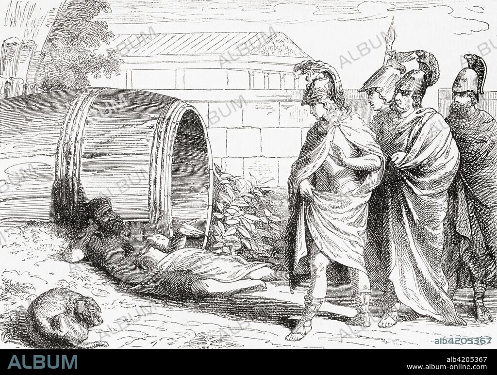 The alleged meeting between Diogenes, who was relaxing in the morning sunlight, and Alexander the Great.  Alexander, thrilled to meet the famous philosopher, asked if there was any favour he might do for him. Diogenes replied, 'Yes, stand out of my sunlight.' Alexander then declared, 'If I were not Alexander, then I should wish to be Diogenes.' 'If I were not Diogenes, I would still wish to be Diogenes.', Diogenes replied.  Diogenes aka Diogenes the Cynic, Greek philosopher and one of the founders of Cynic philosophy. Alexander III of Macedon aka Alexander the Great, 356 BC - 323 BC.  King (basileus) of the Ancient Greek kingdom of Macedon.  From Ward and Lock's Illustrated History of the World, published c.1882.