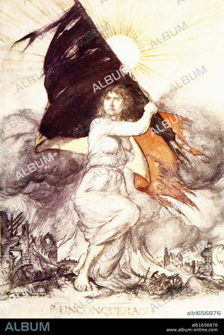 Unconquerable. An heroic woman carries forward the tattered flag of Belgium after invasion by the Germans in 1914. After an illustration by Arthur Rackham. From King Albert´s Book, published 1915. The illustration alludes to the Belgian people after their being invaded by the Germans in the First World War.