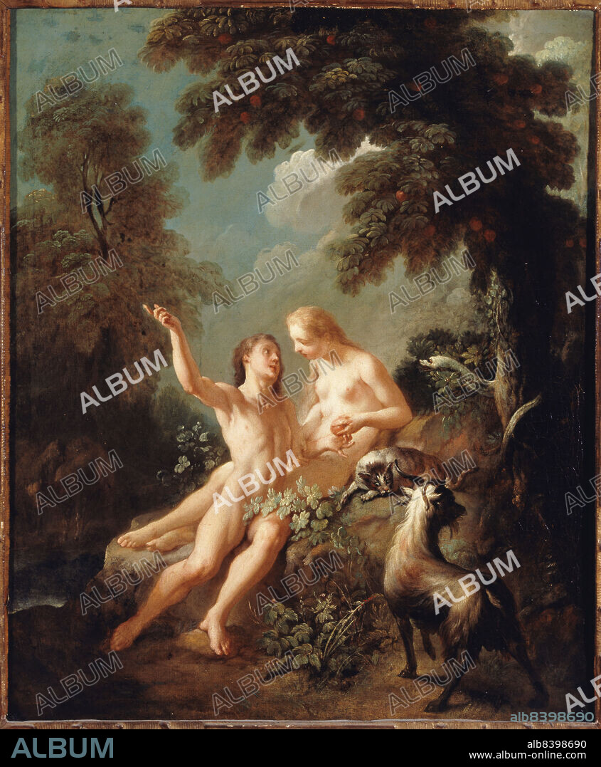 JEAN-JOSEPH DUMONS. Adam et Eve au Paradis, c.1735. Adam and Eve in Paradise. Eve offers Adam the forbidden fruit which will cause their fall. The cat was perceived as a symbol of the devil, and the goat considered as a symbol of impurity.