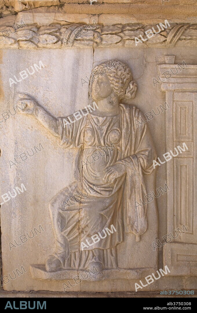 Relief at Roman Theatre, Sabratha Roman site, UNESCO World Heritage Site, Tripolitania, Libya, North Africa, Africa.