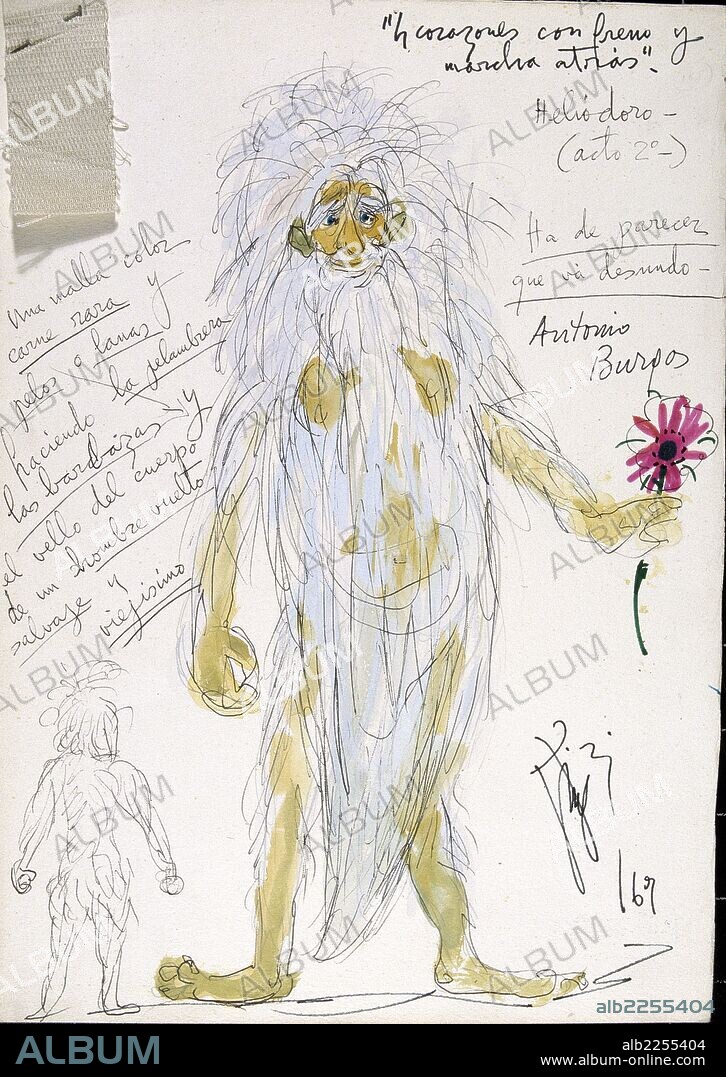 TEATRO. FIGURINES. FIGURIN DEL PERSONAJE "HELIODORO" DE VICTOR MARIA CORTEZO PARA LA OBRA "CUATRO CORAZONES CON FRENO Y MARCHA ATRAS" DE ENRIQUE JARDIEL PONCELA, AÑO 1957. MUSEO NACIONAL DEL TEATRO. ALMAGRO.