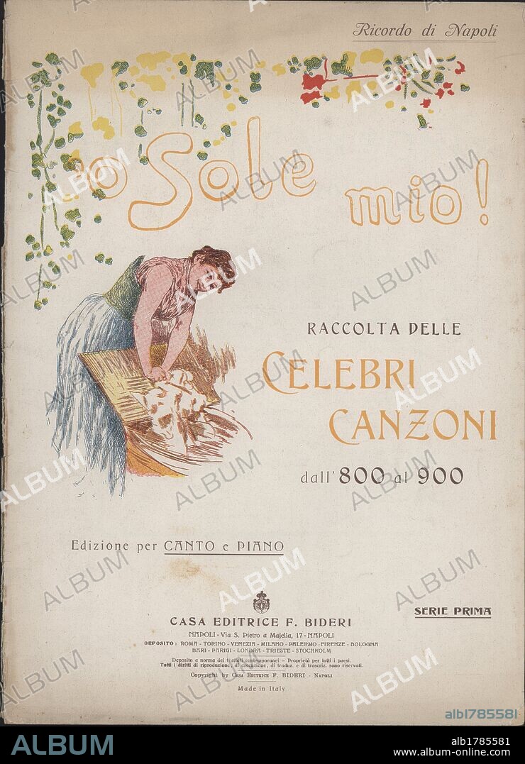 Portada de la partitura musical O SOLE MIO, musica de E. Di Capua. Impresa en Napoles en 1952.