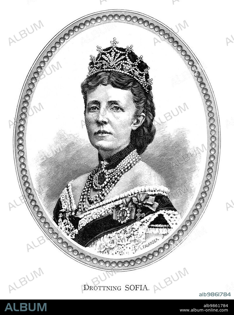 Sophia of Nassau (full name: Sophia Wilhelmine Marianne Henriette, Sofia, Wiesbaden-Biebrich) (9 July 1836 ? Stockholm) (30 December 1913) was Queen consort of Sweden and Norway. Sophia was Queen of Sweden for 35 years, longer than any other Swedish queen before her. Engraving by Ida Falander (1842-1927), published in Starbäck, Bäckström: Berättelser ur Svenska Historien ca 1880