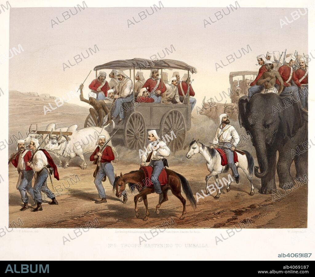 GEORGE FRANKLIN ATKINSON and GEORGE FRANCKLIN ATKINSON. Troops hastening to Umballa. British soldiers on the move, in cattle drawn carts, and on elephants. The Campaign in India 1857-58. From drawings made during the eventful period of the great mutiny, by G. F. Atkinson illustrating the military operations before Delhi, and its neighbourhood. With descriptive letter-press. Day & Son: London, 1859. Source: 1781.c.8, plate 5.