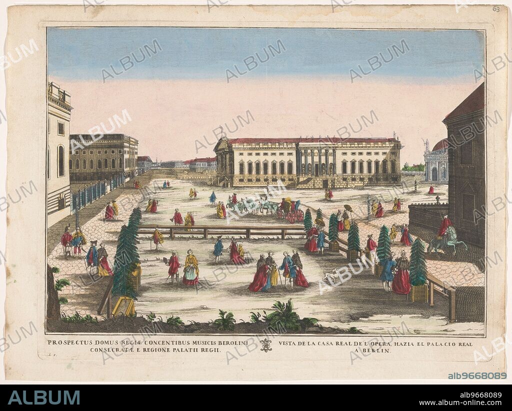 View of the Opernhaus in Berlin, 1700-1799. 'Vista de la Casa Real de l'Opera, hazia el Palacio Real a Berlin'. On the right is St. Hedwig's Cathedral. Attributed to the Remondini family.