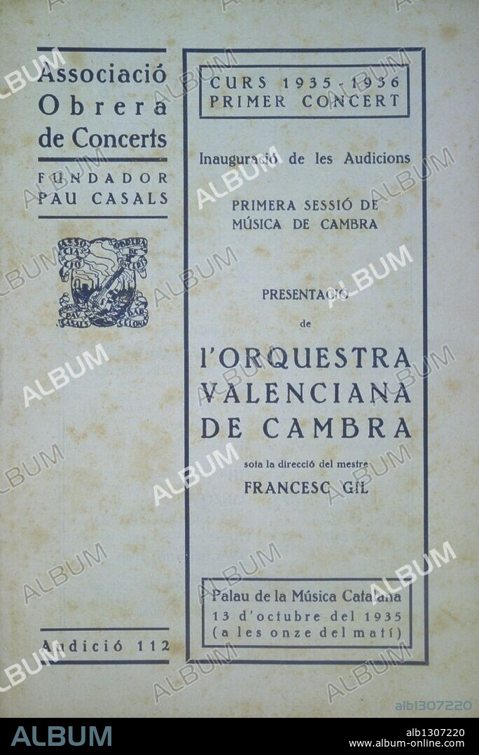 Programa del concierto de presentación de la Orquesta Valenciana de Cambra, en la Asociación Obrera de Concerts, fundada por Pau Casals. Año 1935.