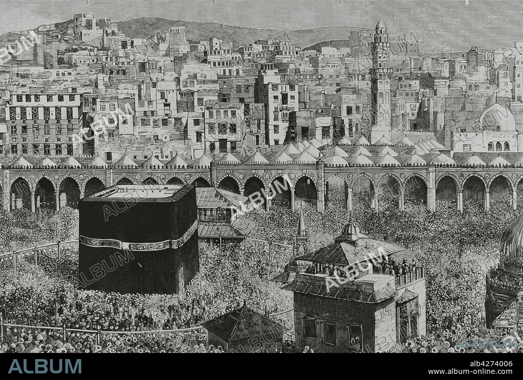 Arabia Saudí. La Meca. Vista general de la ciudad. En el centro de la Mezquita Masjid al-Haram, la Kaaba, que alberga la "Piedra Negra". Grabado. Detalle. La Ilustración Española y Americana, 1882.