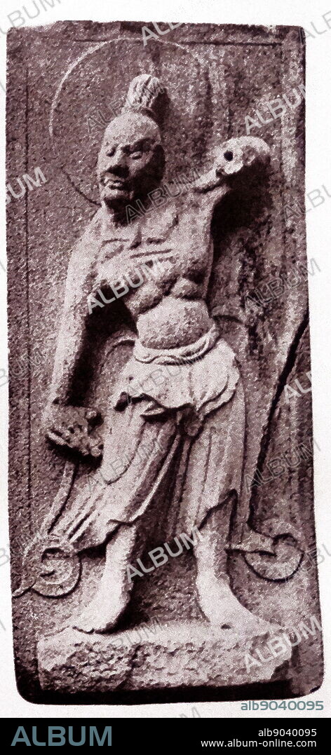 Granite: relief on the wall of the entrance to the Seok-gu-ram Grotto (Cave Temple), Kyeongju. The Keumgang-Yeoksa are regarded as supernatural beings in Buddhism that guard the gates of the temple. In Korea, similarities have been drawn between the posture of the Gate Guardians and the Taekwondo basic posture. Some claim that the very existence of these beings in Buddhism and depicted in every Buddhist branch in Asia is originally from the Greek legendary being: Heracles. The Seokguram grotto is registered as a UNESCO World Heritage and as the Korean National Treasure number 24. The Seokguram Grotto was initiated in 751 by King Kyeongdeok of Silla and completed by his son in 774 by King Hyegong of Silla. The Grotto was built to illustrate the moment when Sakyamuni achieved the Enlightenment. Sculpture from the time of Unified Silla (668 - 935).
