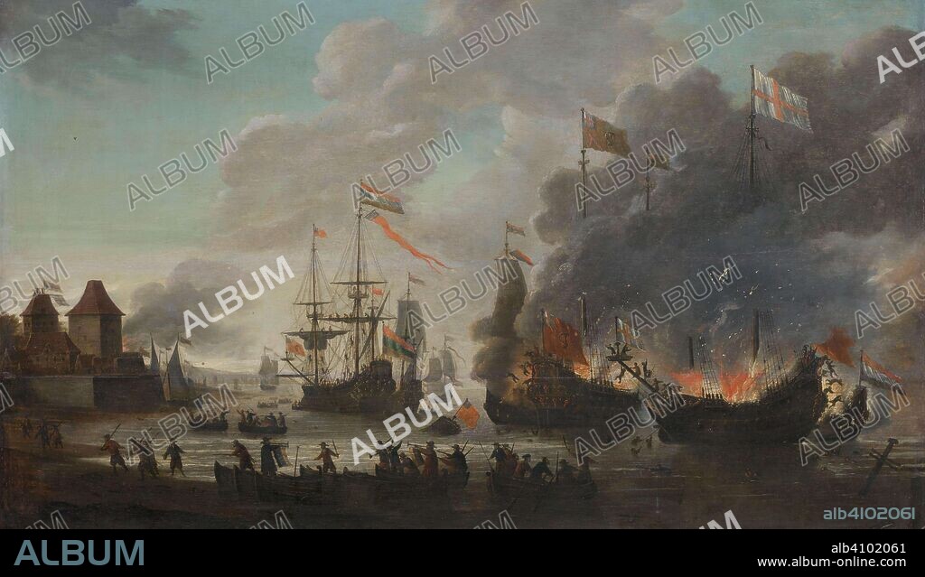 JAN VAN LEYDEN. The Dutch Burning English Ships during the Dutch Raid on the Medway, 20 June 1667. Dating: 1667 - 1669. Measurements: h 93 cm × w 156.5 cm; d 4 cm.
