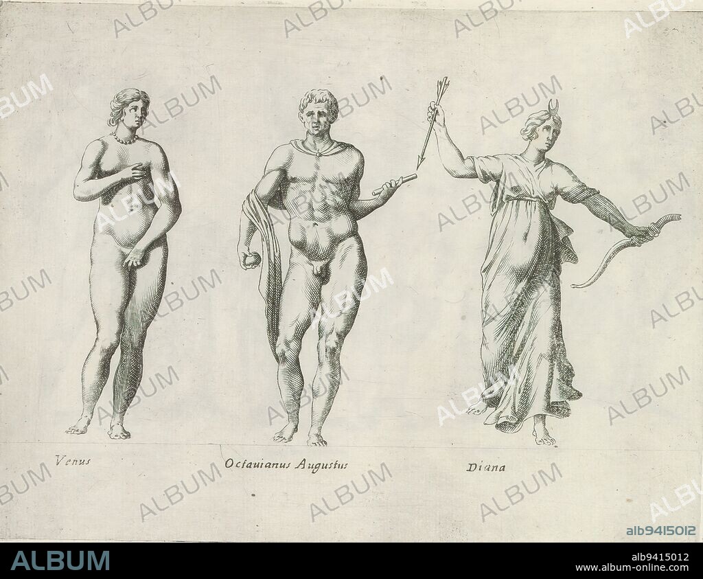 Sculptures of Venus, Emperor Augustus and Diana, Sculptures of Antiquity (series title), Captions in Latin. Print is part of an album., print maker: anonymous, publisher: Giovanni Battista de'Rossi, publisher: Antonio Salamanca, (rejected attribution), print maker: Italy, publisher: Rome, publisher: Rome, Vaticaanstad, 1538 and/or 1641, paper, engraving, height 180 mm × width 238 mm.