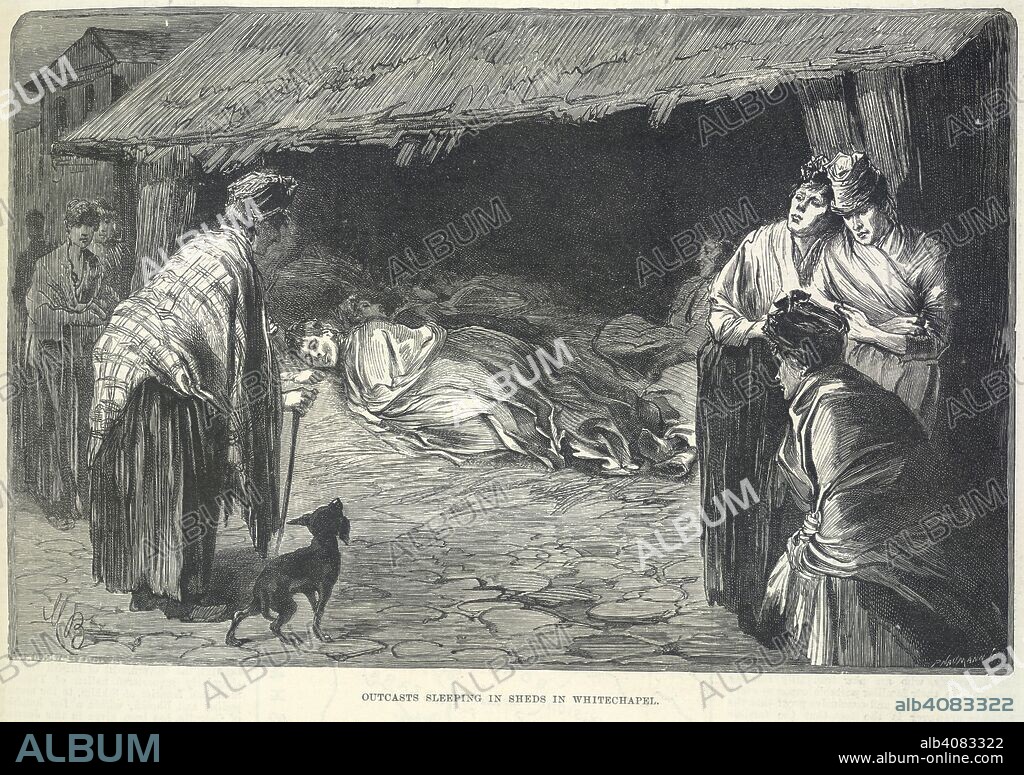 Homeless in Whitechapel. Illustrated London News. London, 1888. Outcasts sleeping in sheds in Whitechapel'. Illustration made during the time of the Whitechapel or 'Jack the Ripper' murders.  Image taken from Illustrated London News.  Originally published/produced in London, 1888. . Source: P.P.7611 volume 93, 421 (upper). Language: English.
