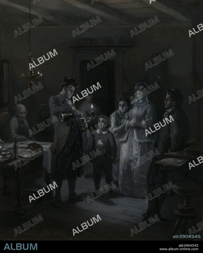 MORITZ DANIEL OPPENHEIM. The Conclusion of the Sabbath (Sabbath-Ausgang). Date/Period: 1866. Painting. Oil on canvas Oil on canvas. Height: 641 mm (25.23 in); Width: 556 mm (21.88 in).