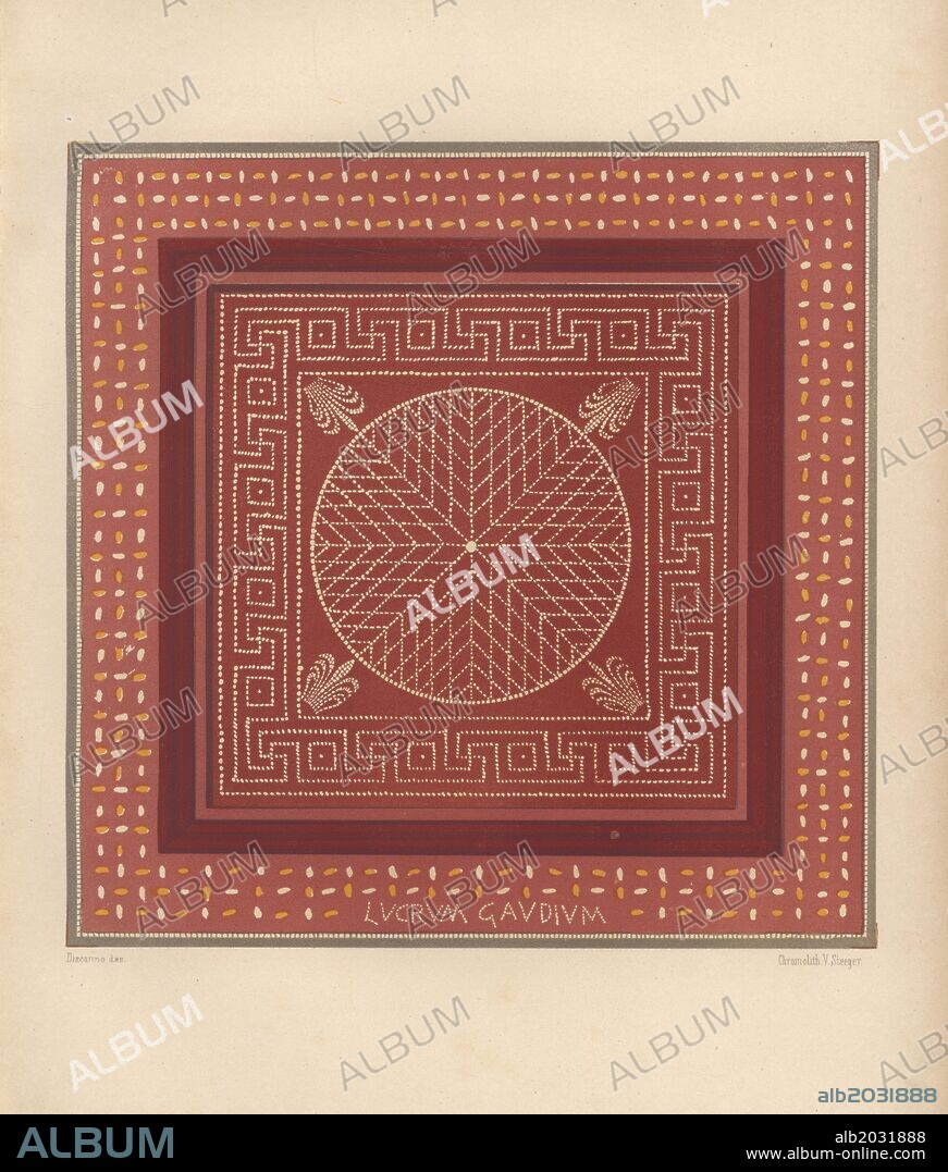 Mosaic impluvium (sunken part of the atrium) from a house at Regio VI, Insula XIV. Illustration drawn by Discanno and lithographed by Victor Steeger from Emil Presuhn's "Pompeji. Die Neuesten Ausgrabungen von 1874-1881," Weigel, Leipzig, 1882. German archeologist Presuhn (1844-1881) lived in Italy for eight years and, with Mr. Discanno and Miss Amy Butts, made exact copies of many wall paintings that are now lost.