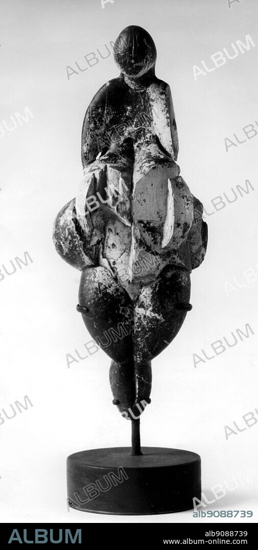 Venus of Lespugue. paleaolithic carving . The Venus of Lespugue is a Venus figurine, a statuette of a nude female figure from approximately 25,000 BC. It was discovered in 1922 in the Rideaux cave of Lespugue (Haute-Garonne) in the foothills of the Pyrenees. It is carved from tusk ivory, and was damaged during excavation.