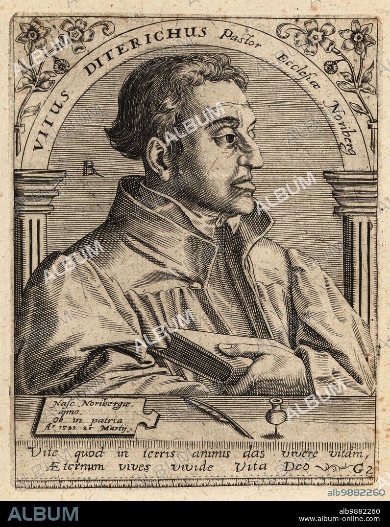 Veit Dietrich, 1506-1549, German Lutheran theologian, writer and reformer.. Vitus Diterichus Pastor Ecclesiae Noriberg. Copperplate engraving by Johann Theodore de Bry from Jean-Jacques Boissards Bibliotheca Chalcographica, Johann Ammonius, Frankfurt, 1650.
