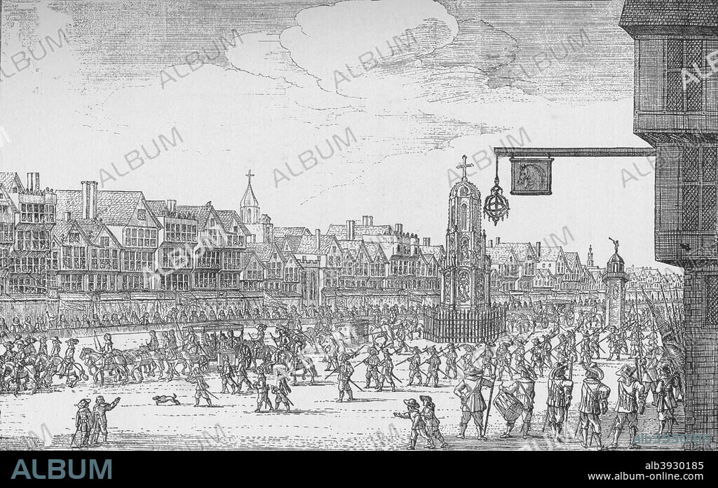 Queen Henrietta Maria's Entry into London, 1625 (1903). Henrietta Maria of France (1609-1669) was Queen Consort of England, Scotland, and Ireland as the wife of King Charles I (1600-1649). She married Charles by proxy on 11 May 1625. They were then married in person at St Augustine's Church, Canterbury, Kent, on 13 June 1625, but Henrietta Maria's Catholic religion made it impossible for her to be crowned with her husband in an Anglican service. In the end, her failure to be crowned went down badly with the London crowds. From London in the Time of the Stuarts, by Sir Walter Besant. [Adam & Charles Black, London, 1903].